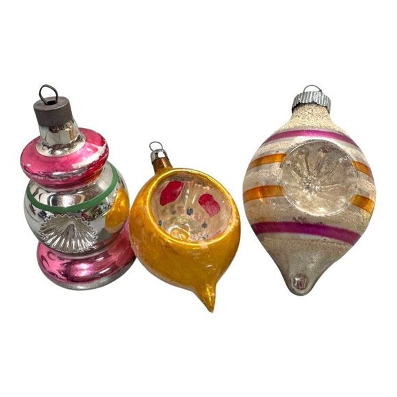 Vintage Shiny Brite Indent Poland Teardrop Lantern Glass Christmas Ornament Set - Picture 1 of 12